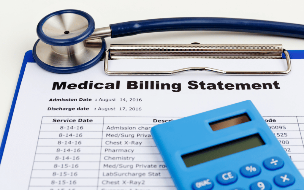 medical bill with stethoscope and blue calculator