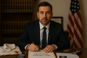 A middle-aged male attorney in a navy suit sits at a desk labeled “Personal Injury Case,” surrounded by key evidence including a bloodstained shirt, accident photos, a medical report, and safety gloves, with an American flag and legal books in the background.
