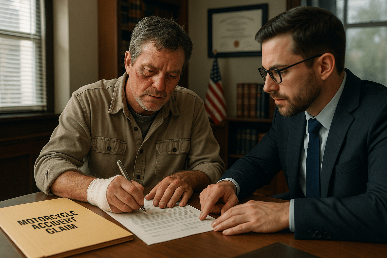 Injured man signing legal documents after a motorcycle accident, alongside his attorney in a law office in the U.S.