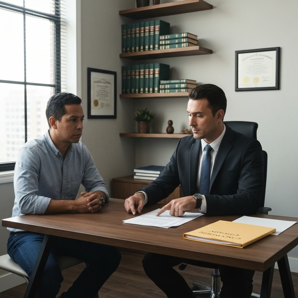 Personal injury lawyer advising a Hispanic client in a modern legal office in New York.
