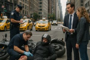 njured motorcyclist on a New York City street receiving medical attention after a crash, with a police officer and lawyer present at the scene.