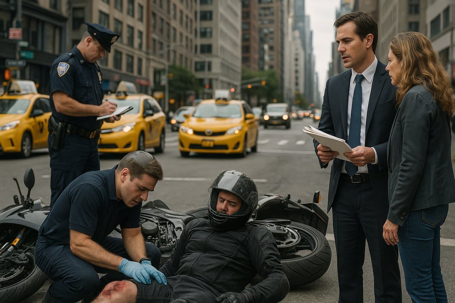 njured motorcyclist on a New York City street receiving medical attention after a crash, with a police officer and lawyer present at the scene.