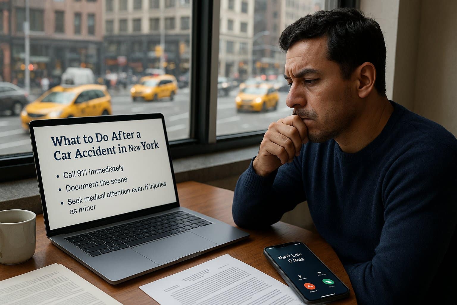 Concerned man in a New York apartment reviewing online legal advice after a car accident, with taxis visible outside the window.
