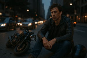 Injured motorcyclist sitting on the ground next to fallen bike on New York City street at dusk