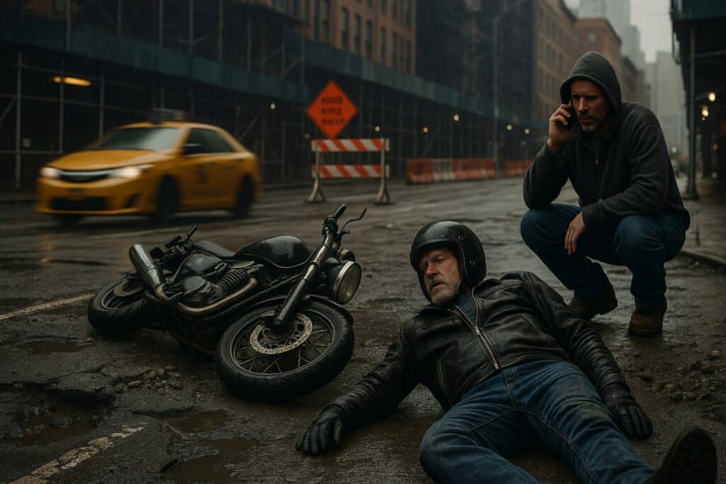 Motorcycle accident on a pothole-filled street in New York City near a construction zone