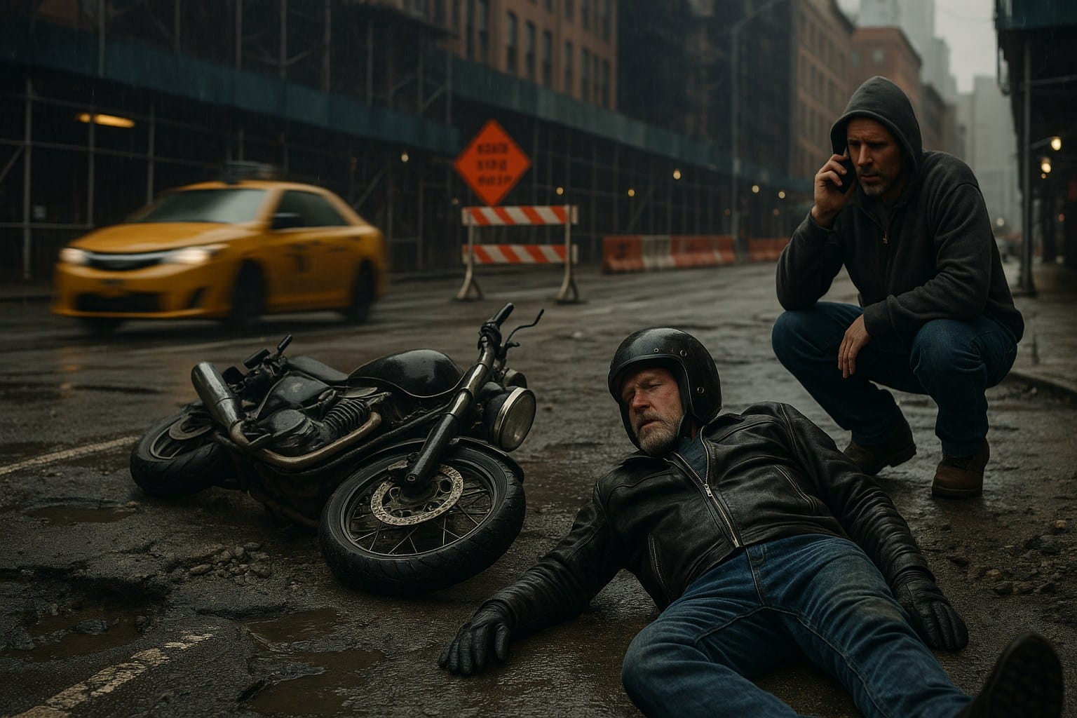 Motorcycle accident on a pothole-filled street in New York City near a construction zone