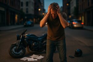 Distressed motorcyclist after an accident in New York street at dusk
