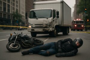 Motorcycle accident involving a commercial truck on a New York street