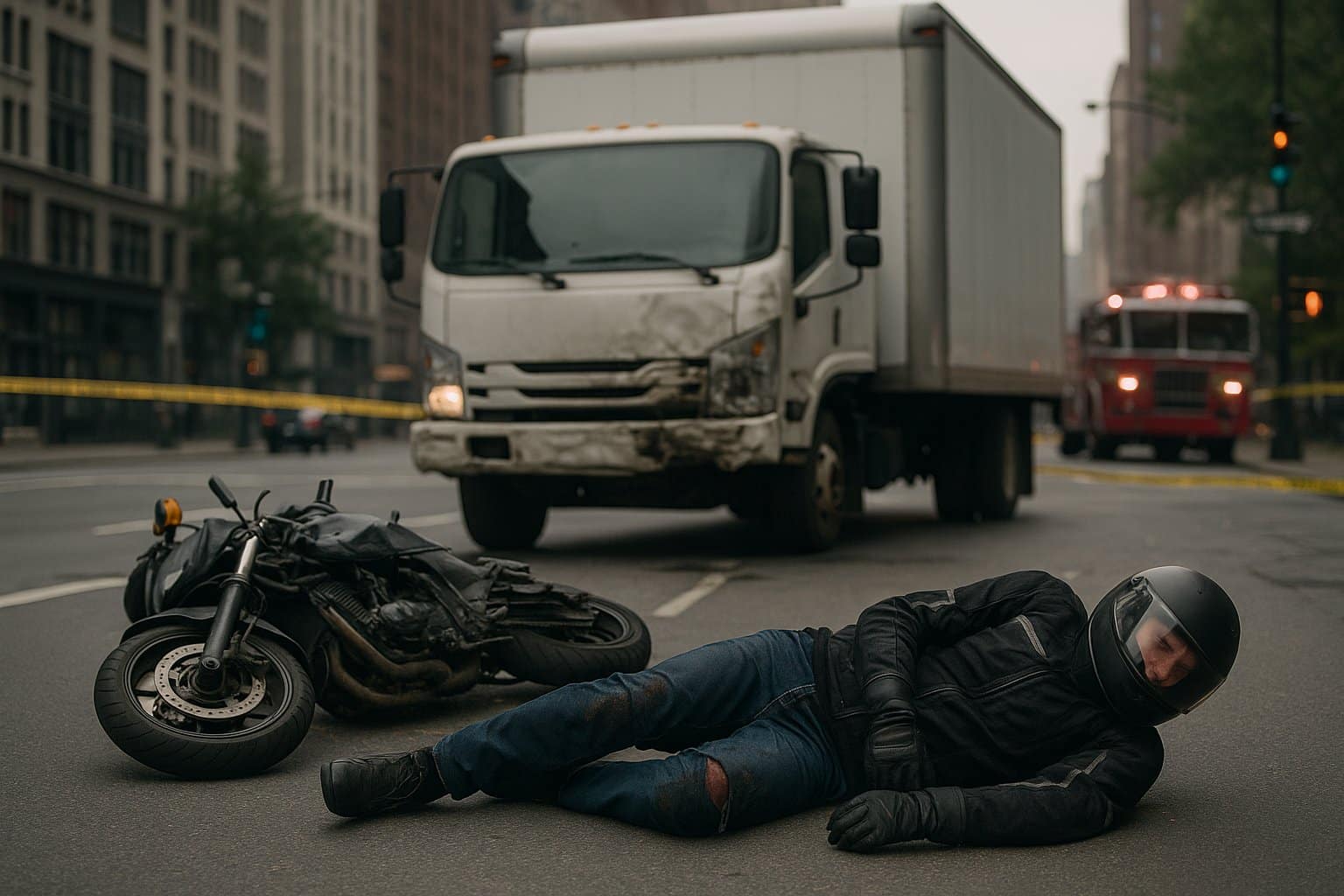 Motorcycle accident involving a commercial truck on a New York street