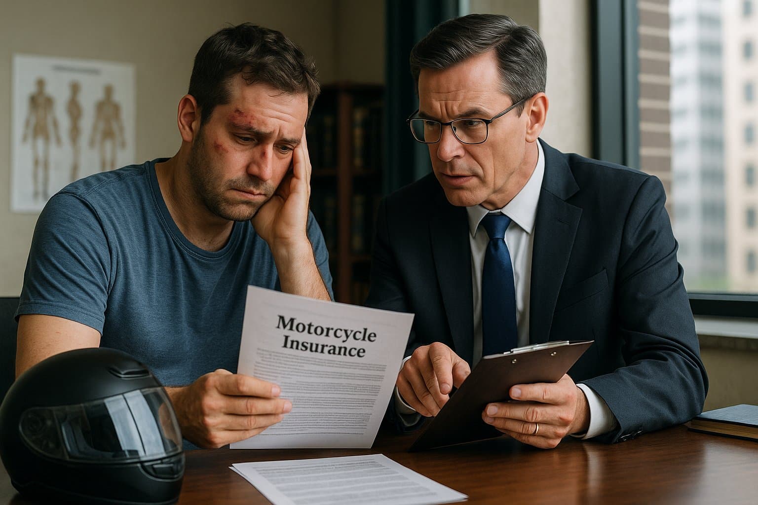 "Injured motorcyclist receives legal advice after an accident, showing importance of hiring a lawyer instead of relying only on insurance."