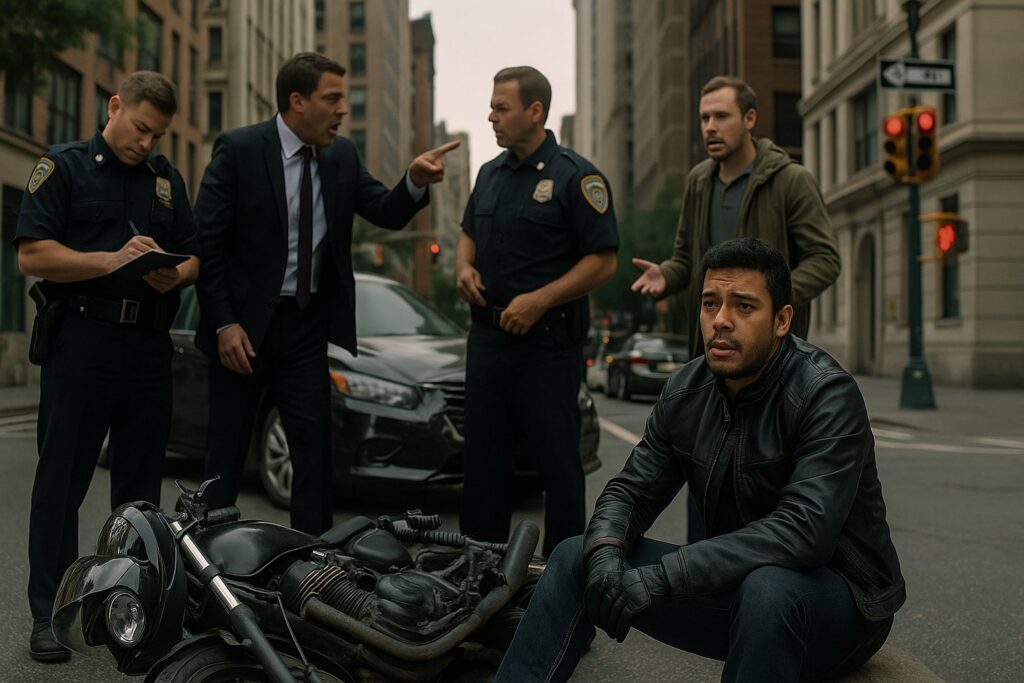 Injured motorcyclist sits on NYC street while driver argues with police after crash
