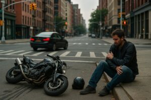 Injured motorcyclist sitting on a curb after a hit-and-run accident in New York City