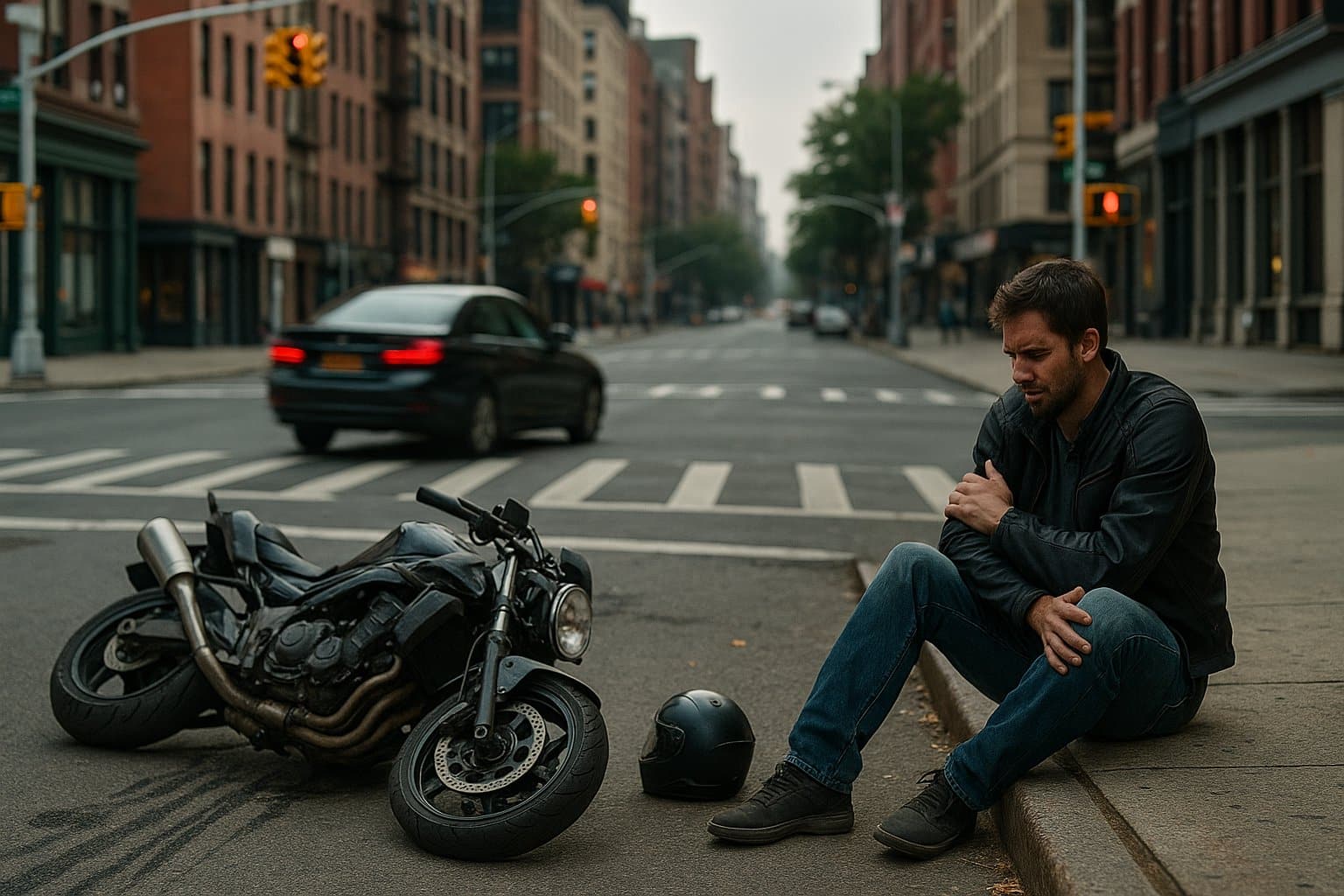 Injured motorcyclist sitting on a curb after a hit-and-run accident in New York City