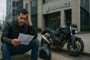 A concerned man sitting next to his damaged motorcycle, holding paperwork, outside a New York insurance building