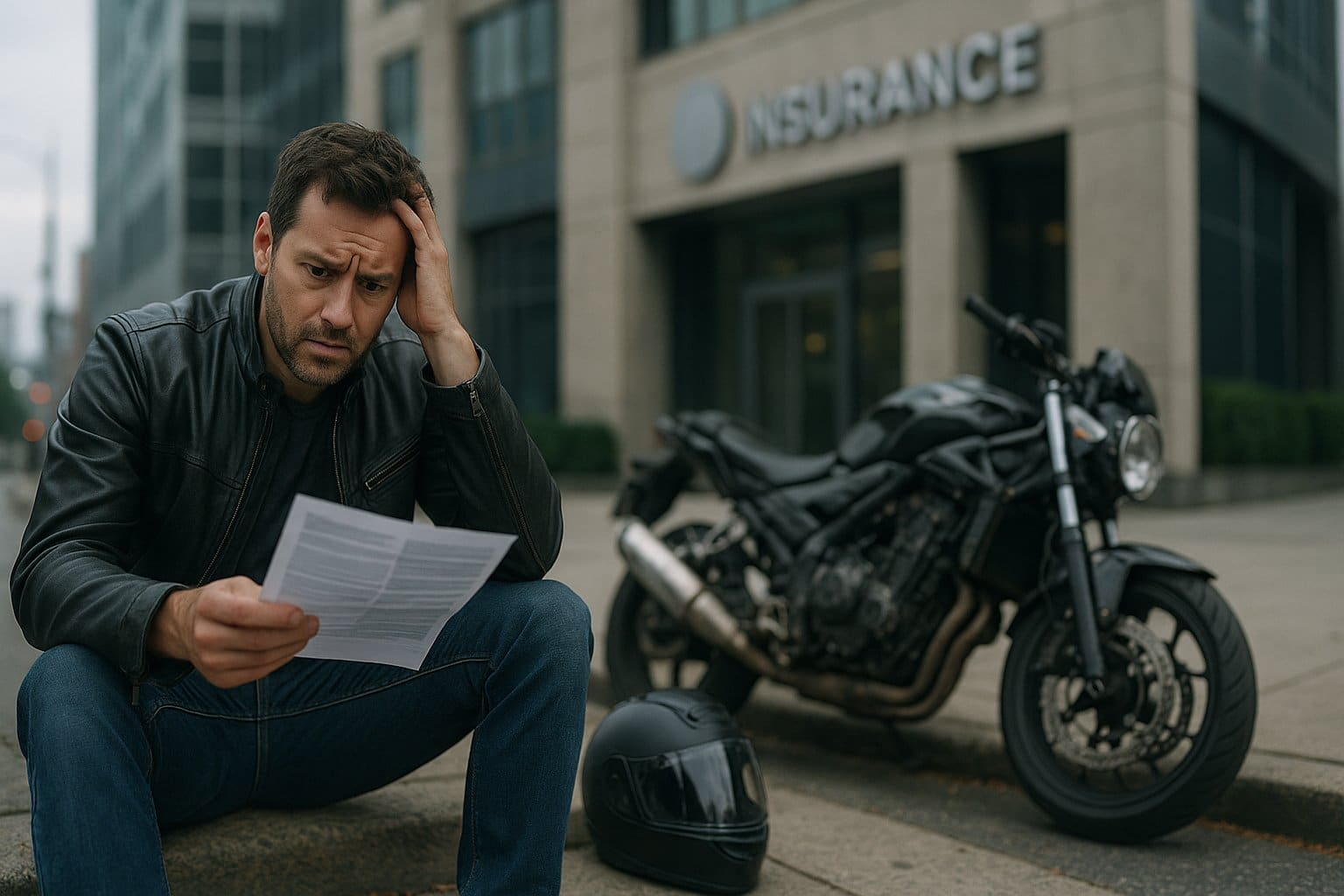 A concerned man sitting next to his damaged motorcycle, holding paperwork, outside a New York insurance building