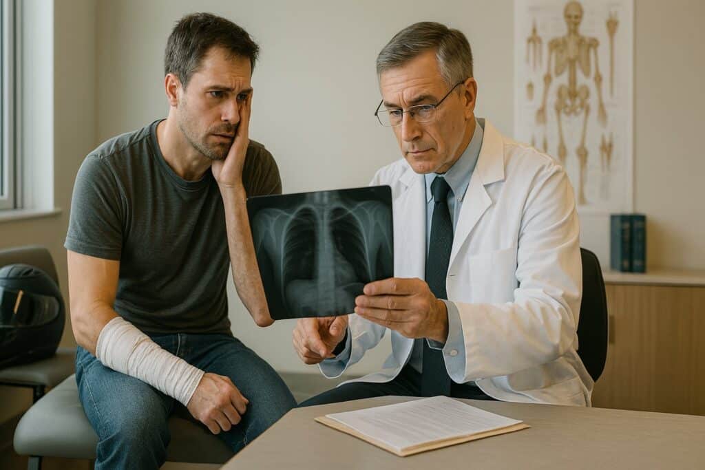 Injured motorcyclist reviewing medical records with a concerned doctor in a clinic