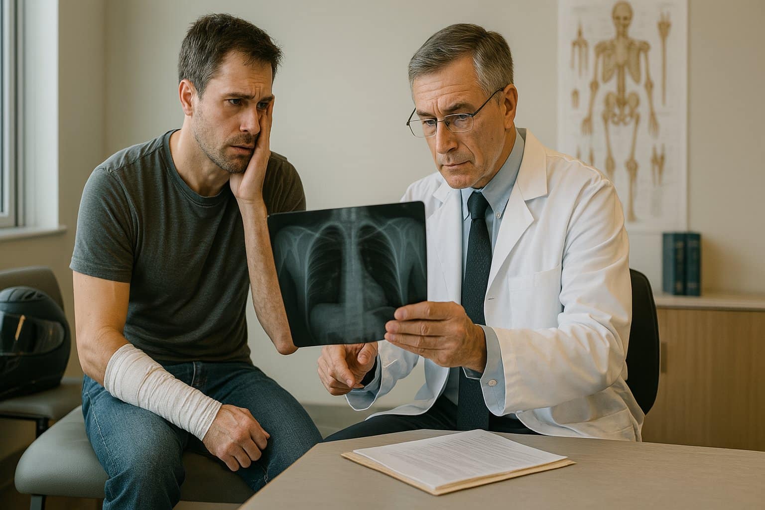 Injured motorcyclist reviewing medical records with a concerned doctor in a clinic