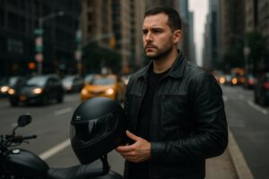 Motorcyclist holding helmet on New York street complying with helmet law