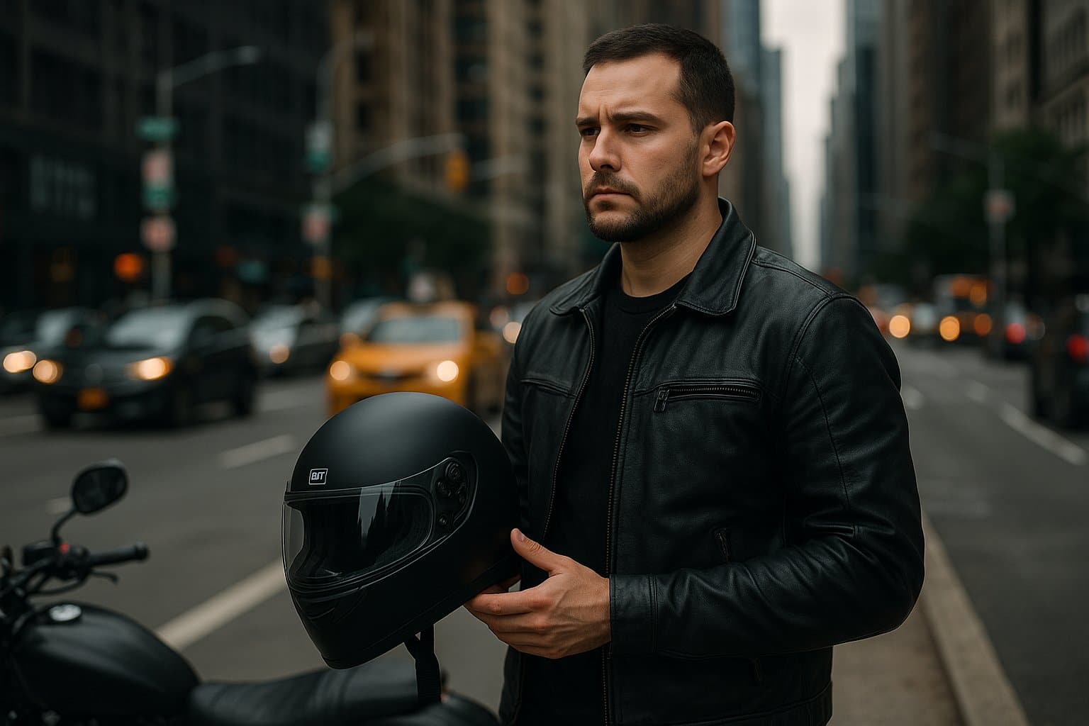 Motorcyclist holding helmet on New York street complying with helmet law