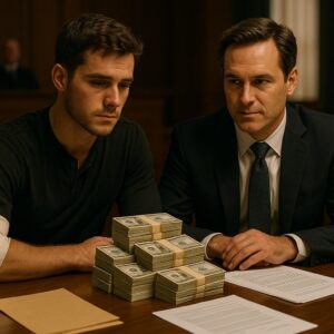 Injured motorcyclist sitting with his attorney beside stacks of cash in a courtroom