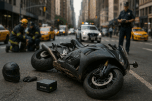 Damaged black motorcycle in a New York accident with visible black box as evidence