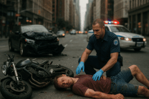 Paramedic assisting an injured motorcyclist after colliding with a civilian vehicle on the streets of New York City.