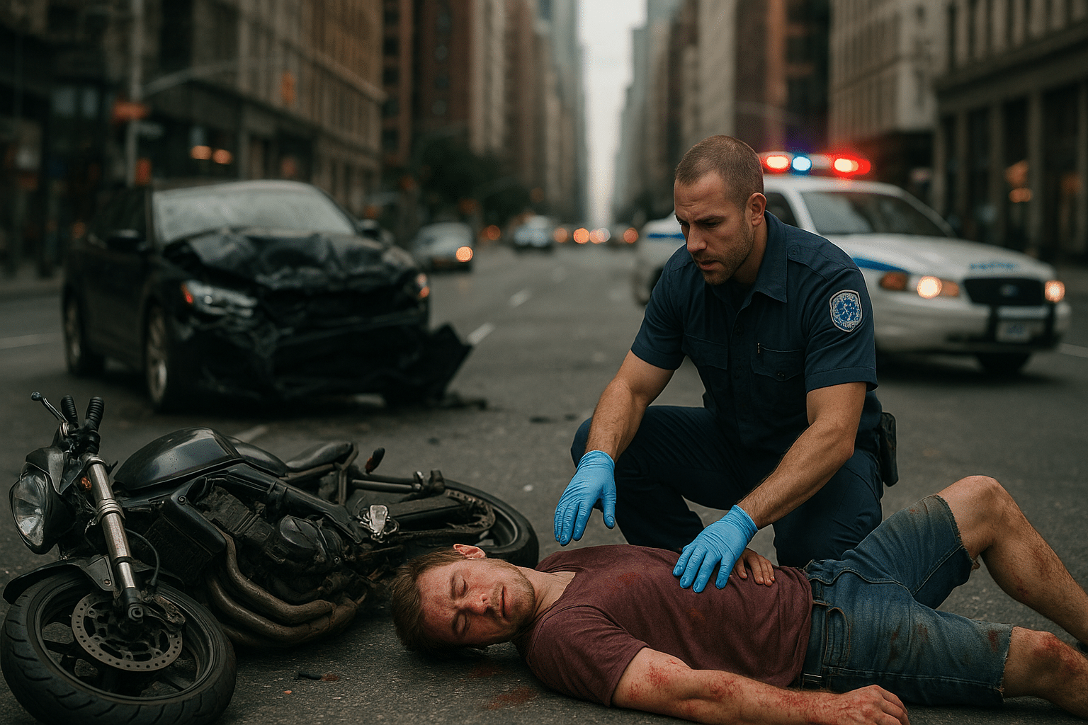 Paramedic assisting an injured motorcyclist after colliding with a civilian vehicle on the streets of New York City.
