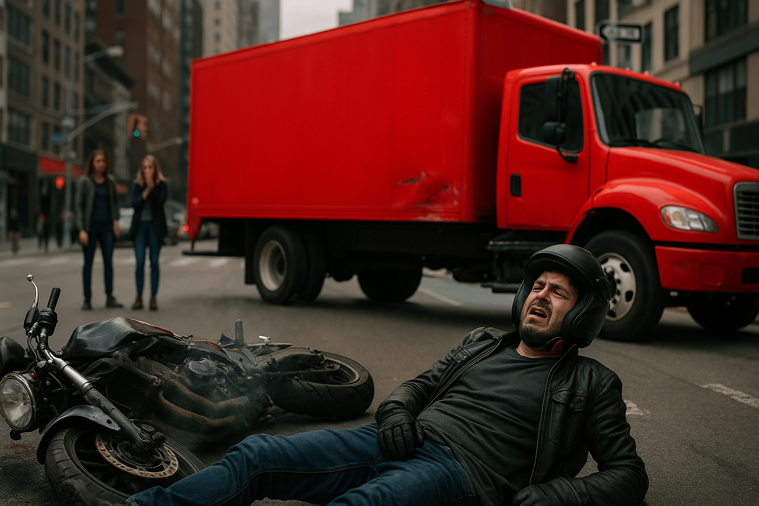 Motociclista herido en el pavimento tras chocar con un camión comercial rojo en una calle de Nueva York, con moto dañada y transeúntes observando.