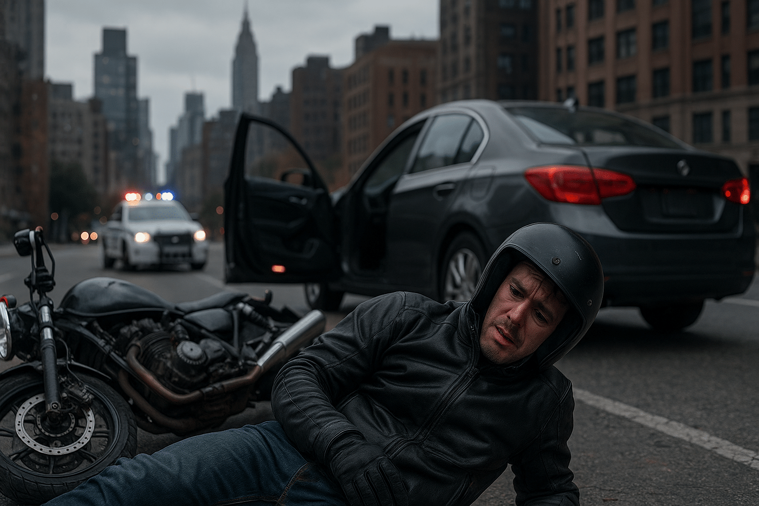 ealistic depiction of a motorcycle accident in New York City where a motorcyclist, visibly injured, speaks with another person while a damaged car and motorcycle remain in the background. Perfect for illustrating comparative negligence cases.