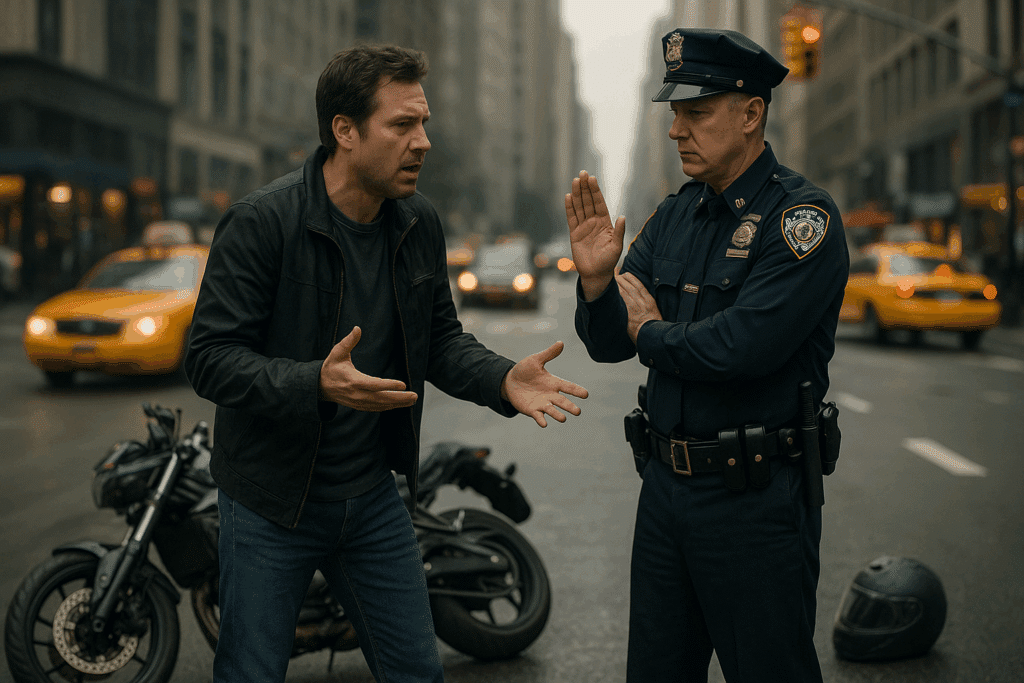 Motorcyclist arguing with police officer after accident in New York