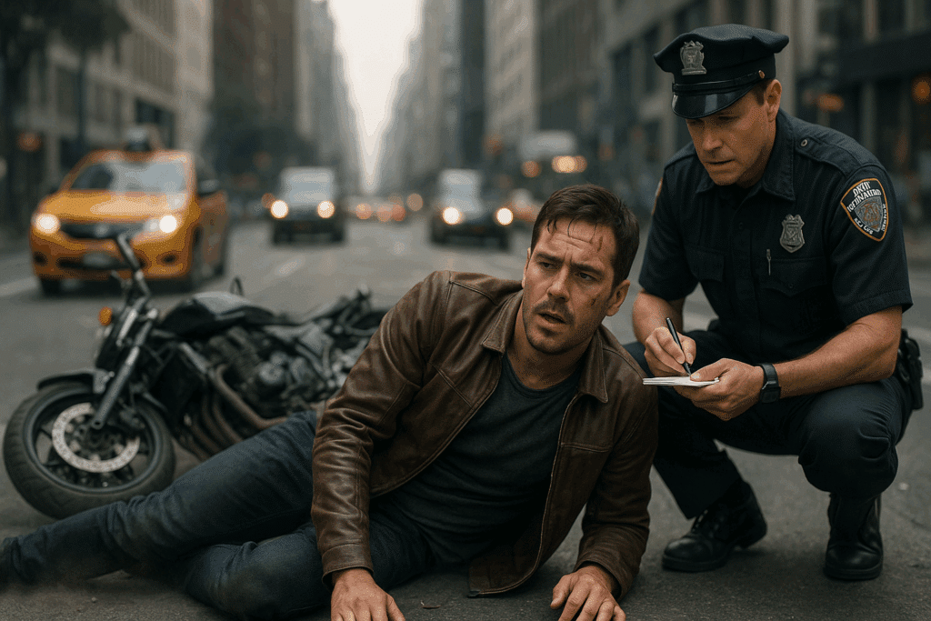 Injured motorcyclist without helmet in New York being assisted by a police officer after an accident