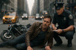 Injured motorcyclist without helmet in New York being assisted by a police officer after an accident