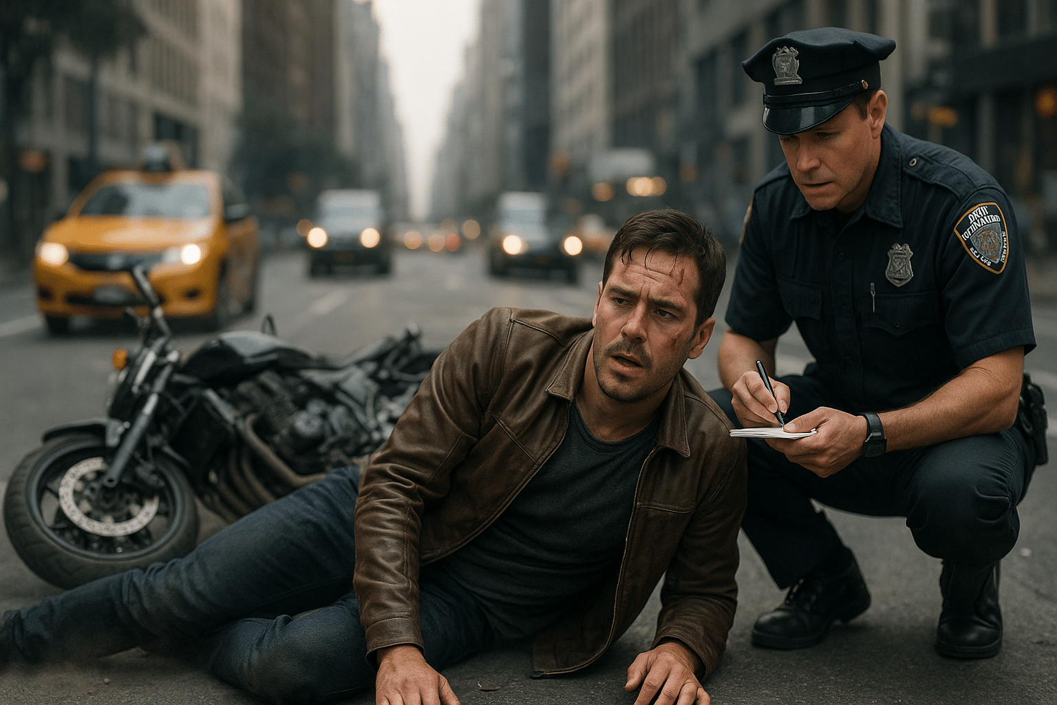 Injured motorcyclist without helmet in New York being assisted by a police officer after an accident