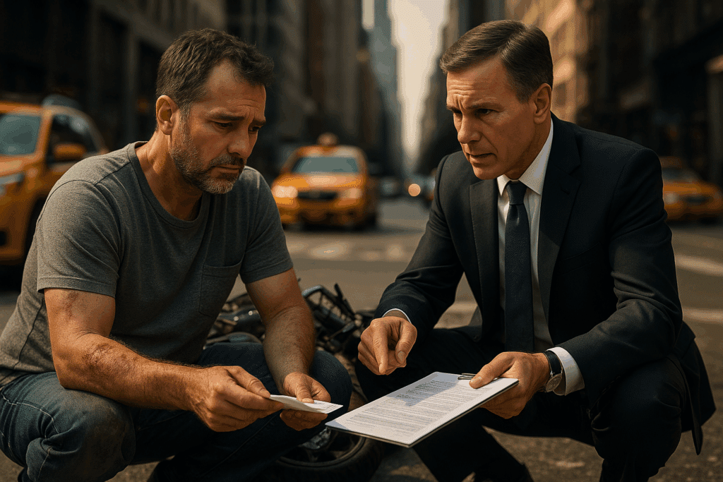 Injured motorcyclist in New York talking to a lawyer about an insurance settlement offer.