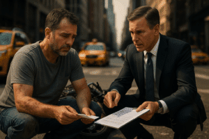 Injured motorcyclist in New York talking to a lawyer about an insurance settlement offer.