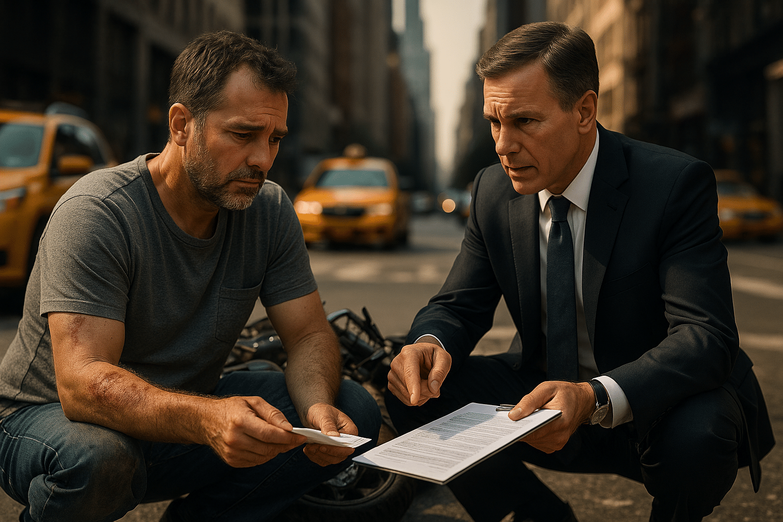 Injured motorcyclist in New York talking to a lawyer about an insurance settlement offer.
