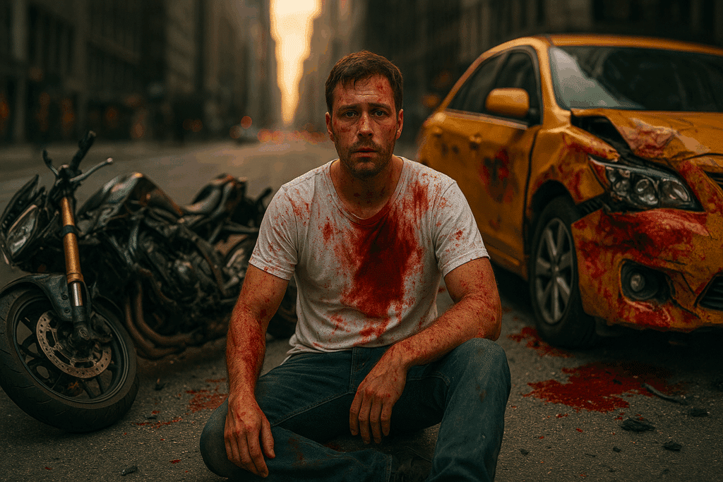 Motorcyclist injured in New York City accident sitting near wreckage and taxi