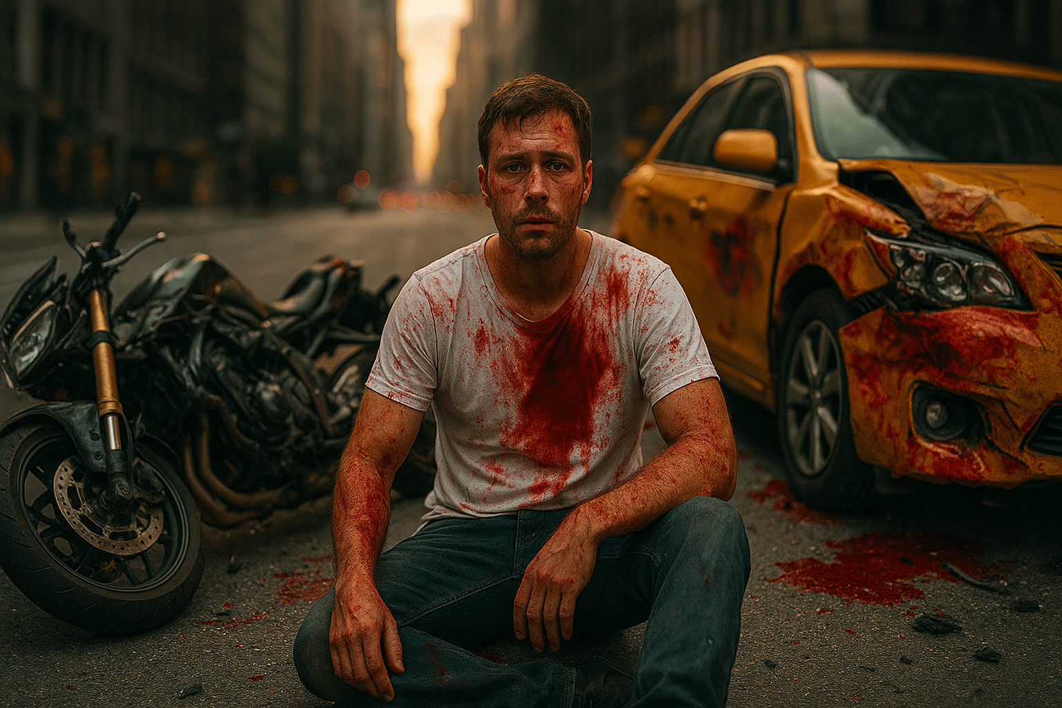 Motorcyclist injured in New York City accident sitting near wreckage and taxi