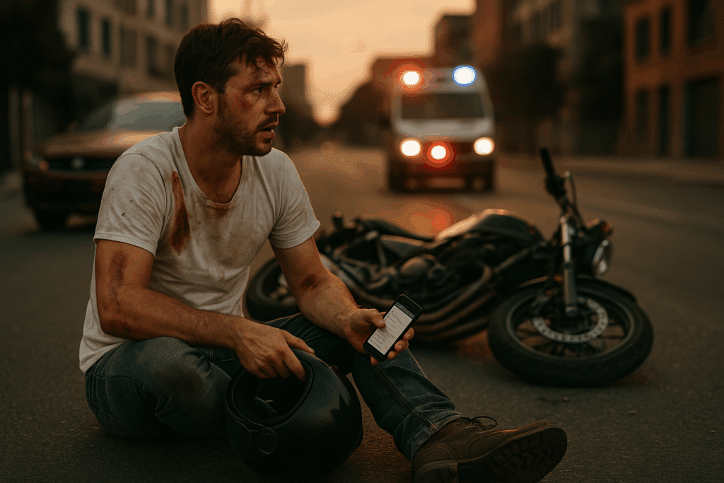 Injured motorcyclist in New York with ambulance approaching
