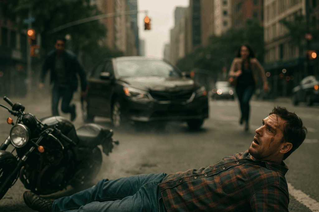 Injured motorcyclist without helmet after accident in New York City