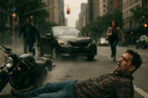 Injured motorcyclist without helmet after accident in New York City