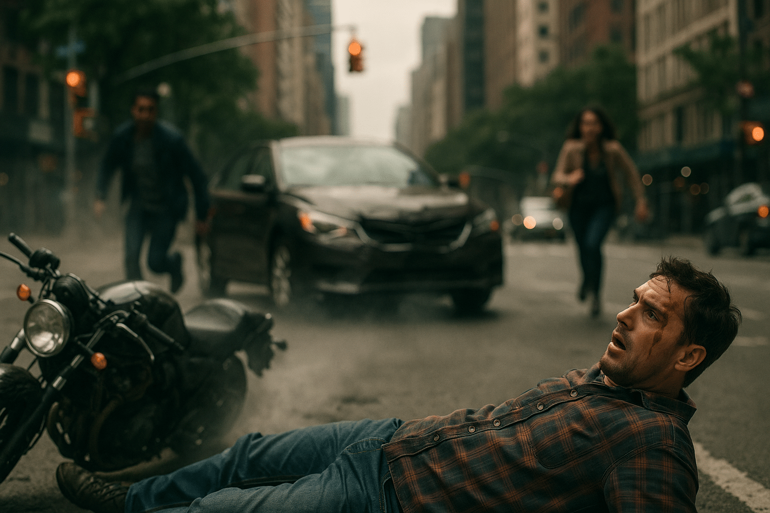 Injured motorcyclist without helmet after accident in New York City