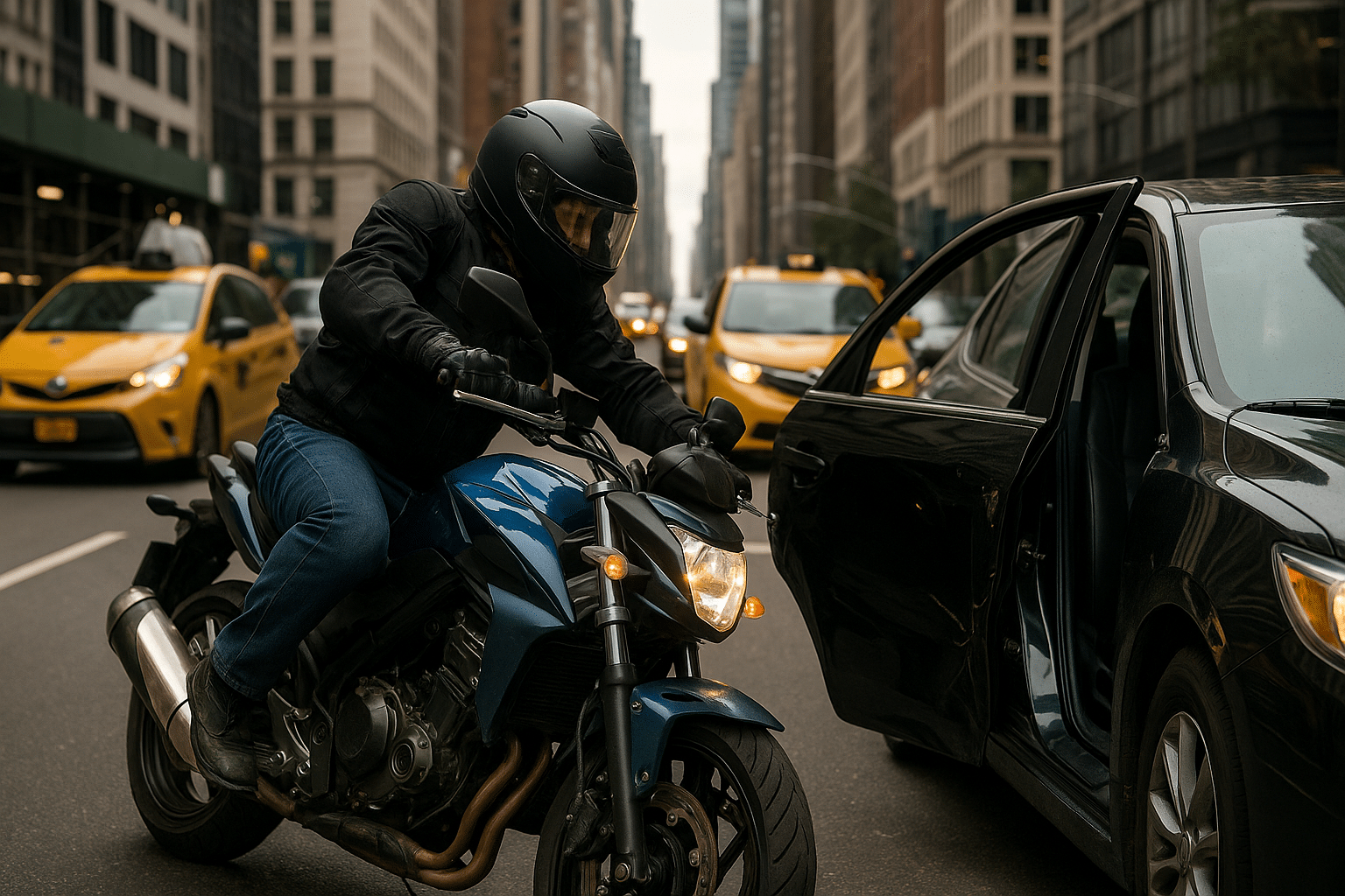 Motorcyclist collides with open car door in New York City traffic, representing a dooring accident case.