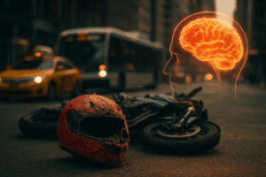 Damaged helmet after motorcycle accident in NYC – brain injury lawyer