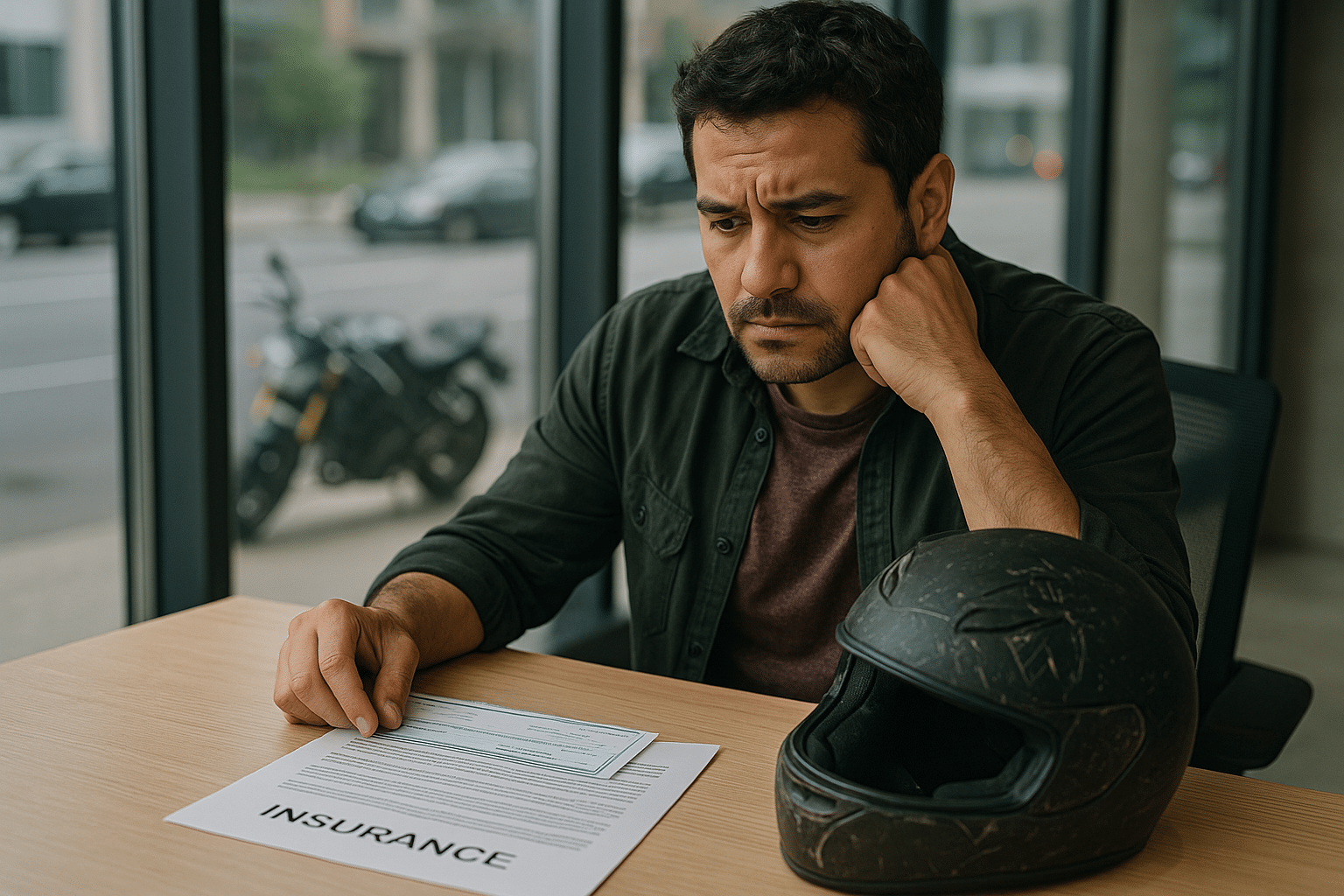 Damaged motorcycle helmet with insurance papers after crash – motorcycle accident lawyer NYC