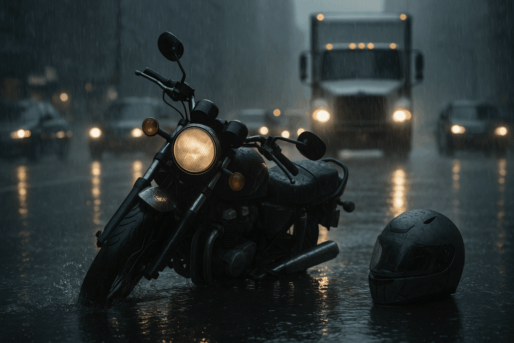 Cinematic image of a motorcycle accident in New York City during heavy rain with a cracked helmet on wet asphalt.