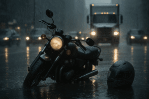 Cinematic image of a motorcycle accident in New York City during heavy rain with a cracked helmet on wet asphalt.