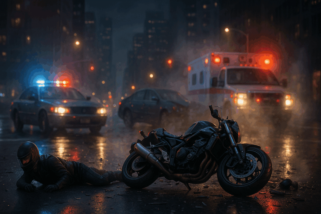 High-speed motorcycle accident in New York City with police and ambulance lights, cinematic HDR scene