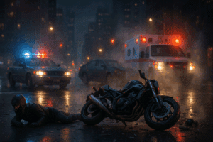 High-speed motorcycle accident in New York City with police and ambulance lights, cinematic HDR scene