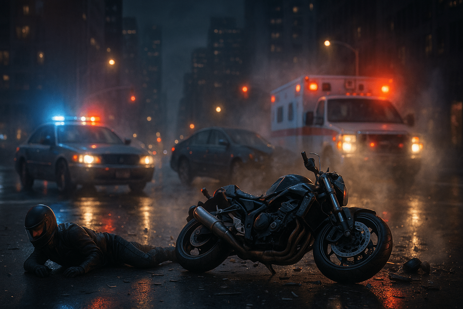High-speed motorcycle accident in New York City with police and ambulance lights, cinematic HDR scene